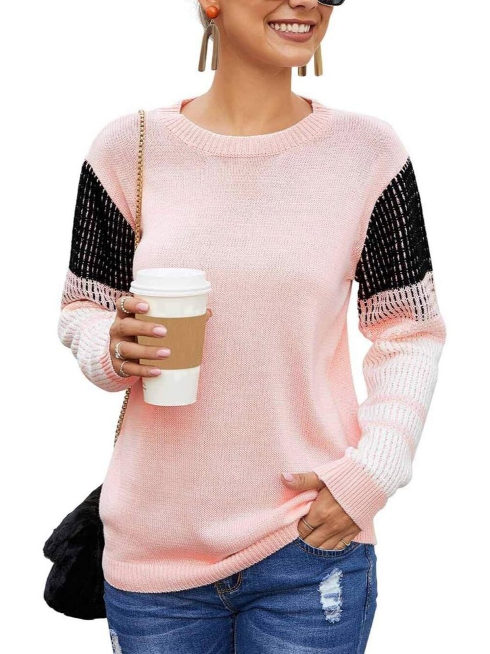 Women's Pink Cute Contrast Sleeve Knitted Pullover Crewneck Winter Sweater